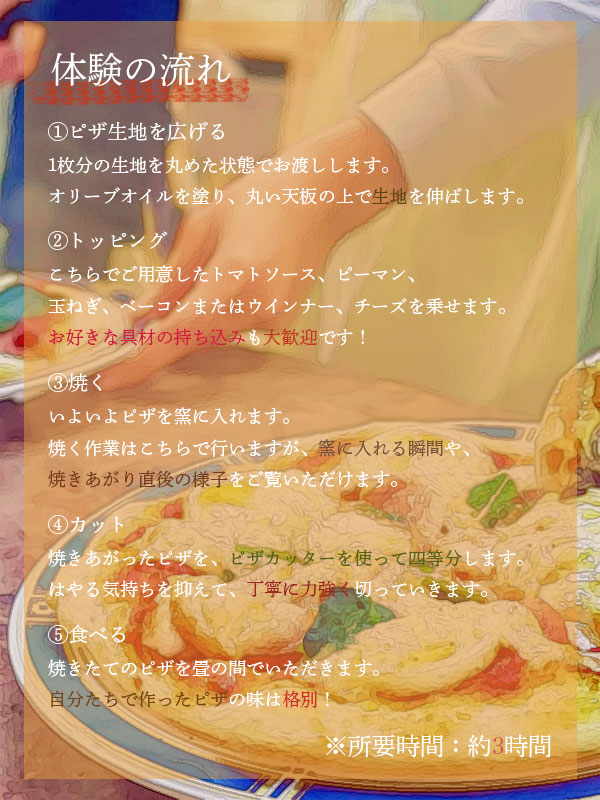 ピザ作り体験の流れ
          ①ピザ生地を広げる　1枚分の生地を丸めた状態でお渡しします。オリーブオイルを塗り、丸い天板の上で生地を伸ばしていきます。
          ②トッピング　こちらでご用意したトマトソース、ピーマン、玉ねぎ、ベーコンまたはウインナー、チーズを乗せます。お好きな具材の持ち込みも大歓迎です！
          ③焼く　いよいよピザを窯に入れます。焼く作業はこちらで行いますが、窯に入れる瞬間や、焼きあがり直後の様子をご覧いただけます。
          ④カット　焼きあがったピザを、ピザカッターを使って四等分します。はやる気持ちを抑えて、丁寧に力強く切っていきます。
          ⑤食べる　焼きたてのピザを畳の間でいただきます。自分たちで作ったピザの味は格別！
          ※所要時間：約3時間です。